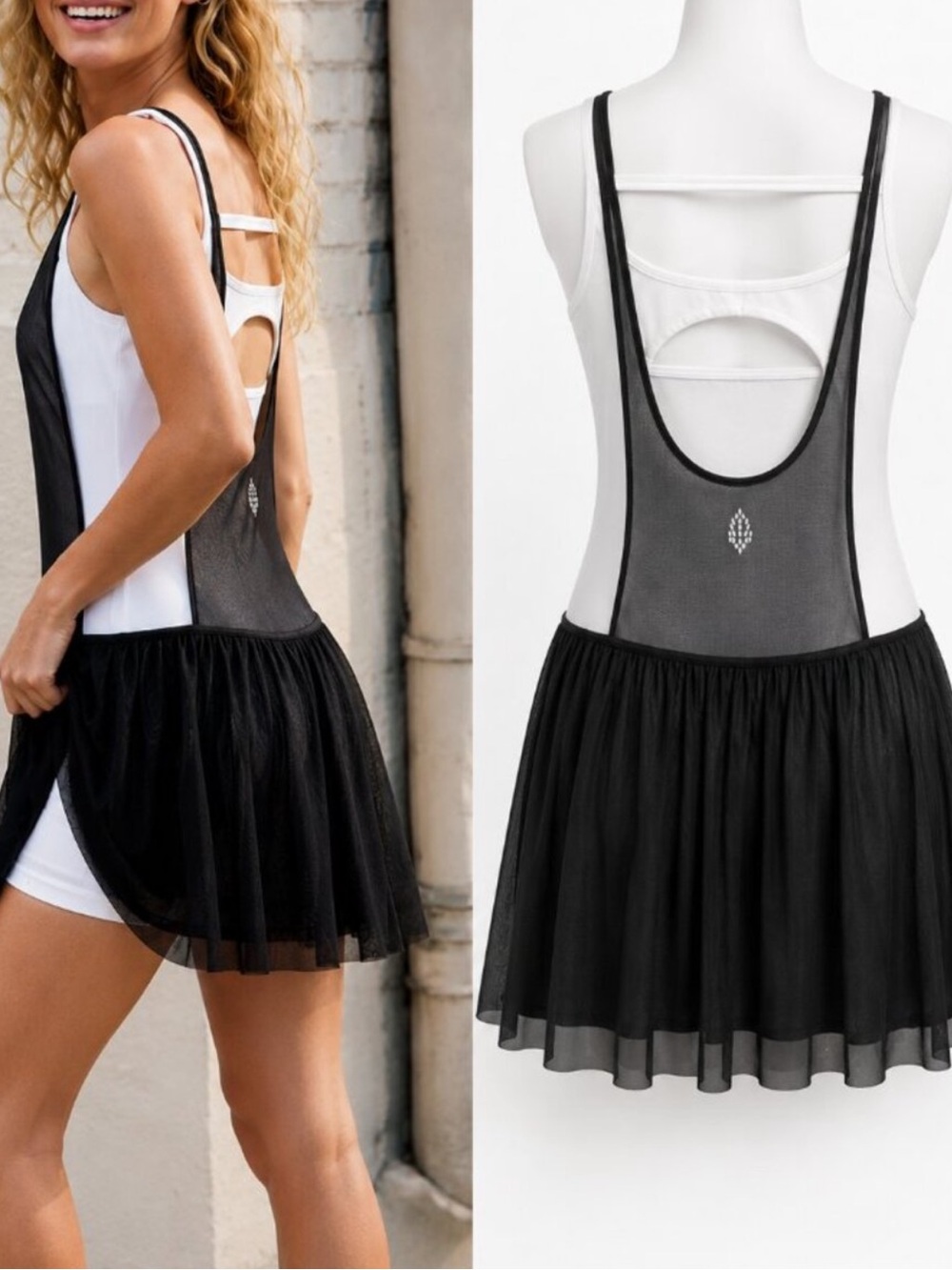 Free People Movement Mesh Black Skirted Bodysuit, Tennis, Sporty, Streetwear